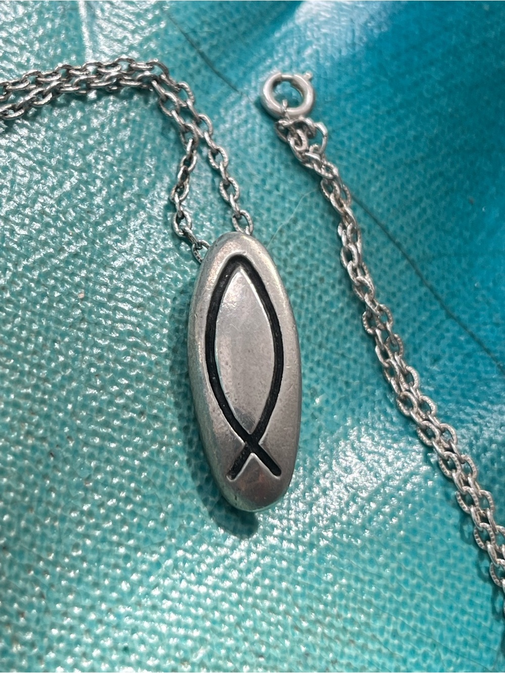 Vtg Silver Ichthys Fish Pendant Necklace - Silver